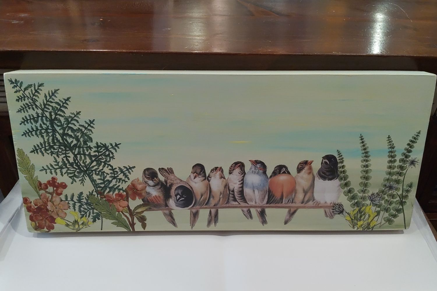 9 Birds Lined Up On Stick