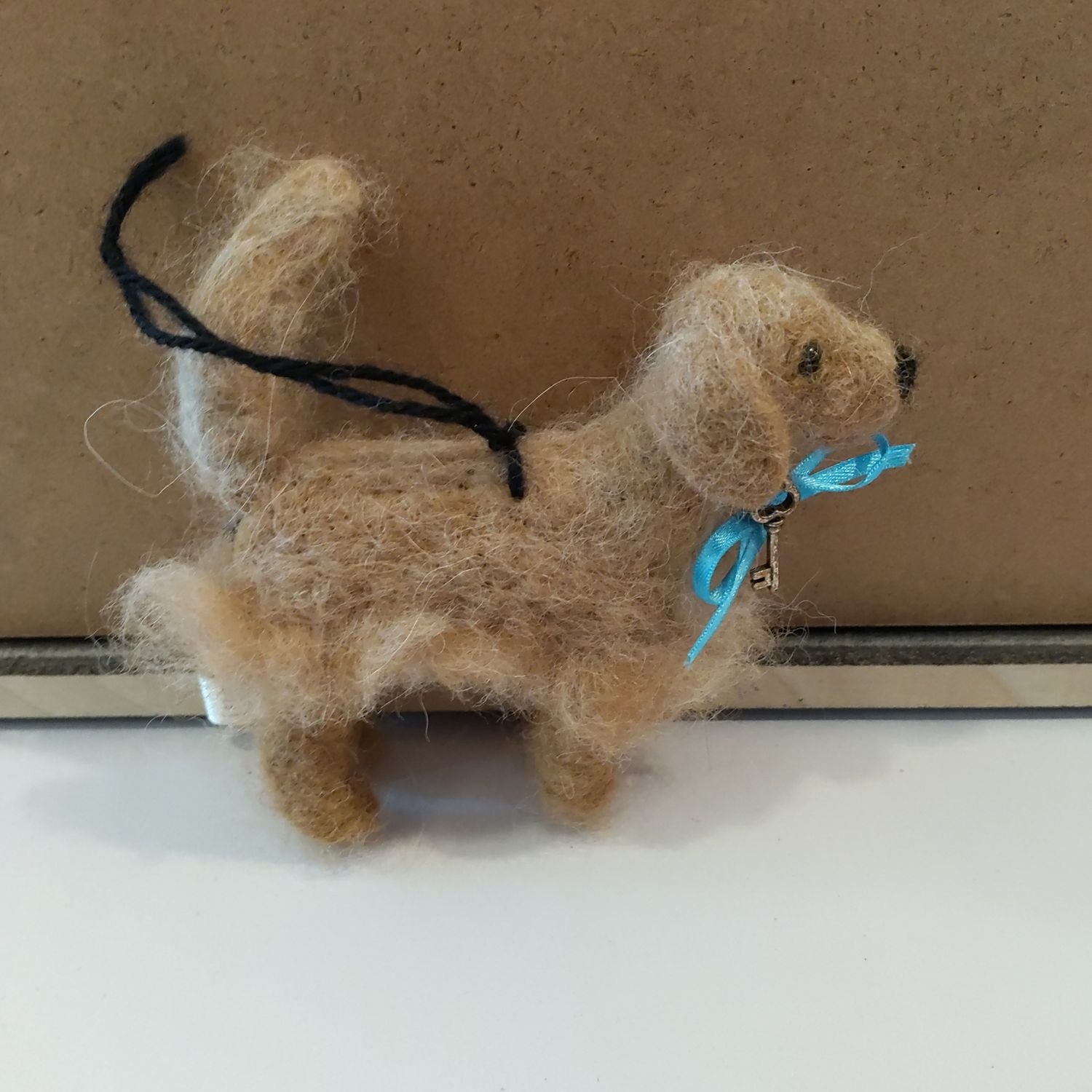 Alpaca Fiber Dog Ornament Blue Bow