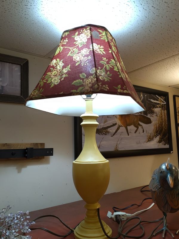 Yellow Lamp W/ Maroon Floral Lamp Shade