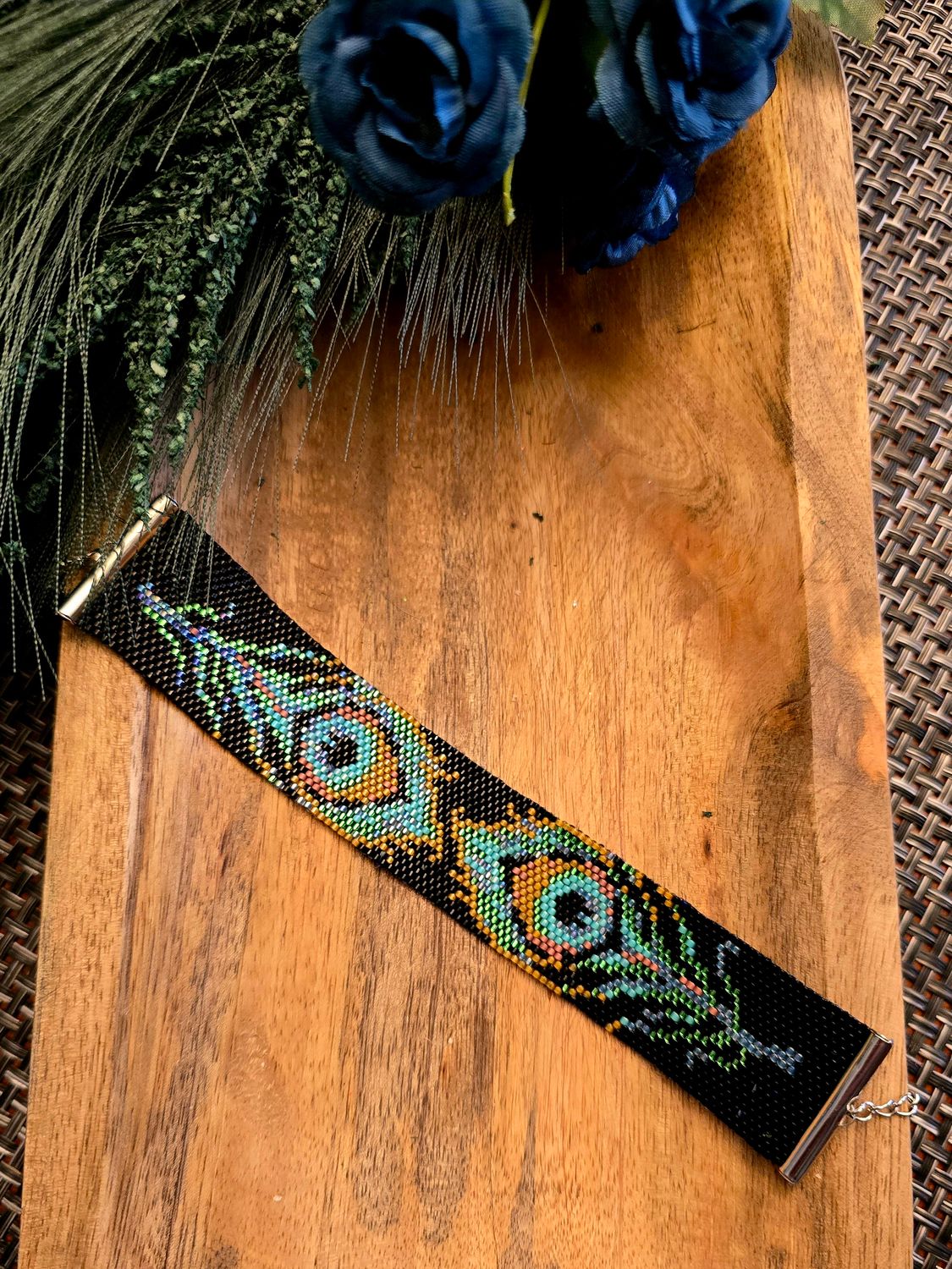 Peacock Inspired Hand Beaded Bracelet