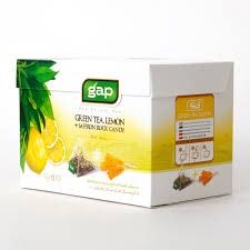 Gap green teabag , lemon + saffron rock candy  - دمنوش کیسه ای چای سبز و لیمو ونبات