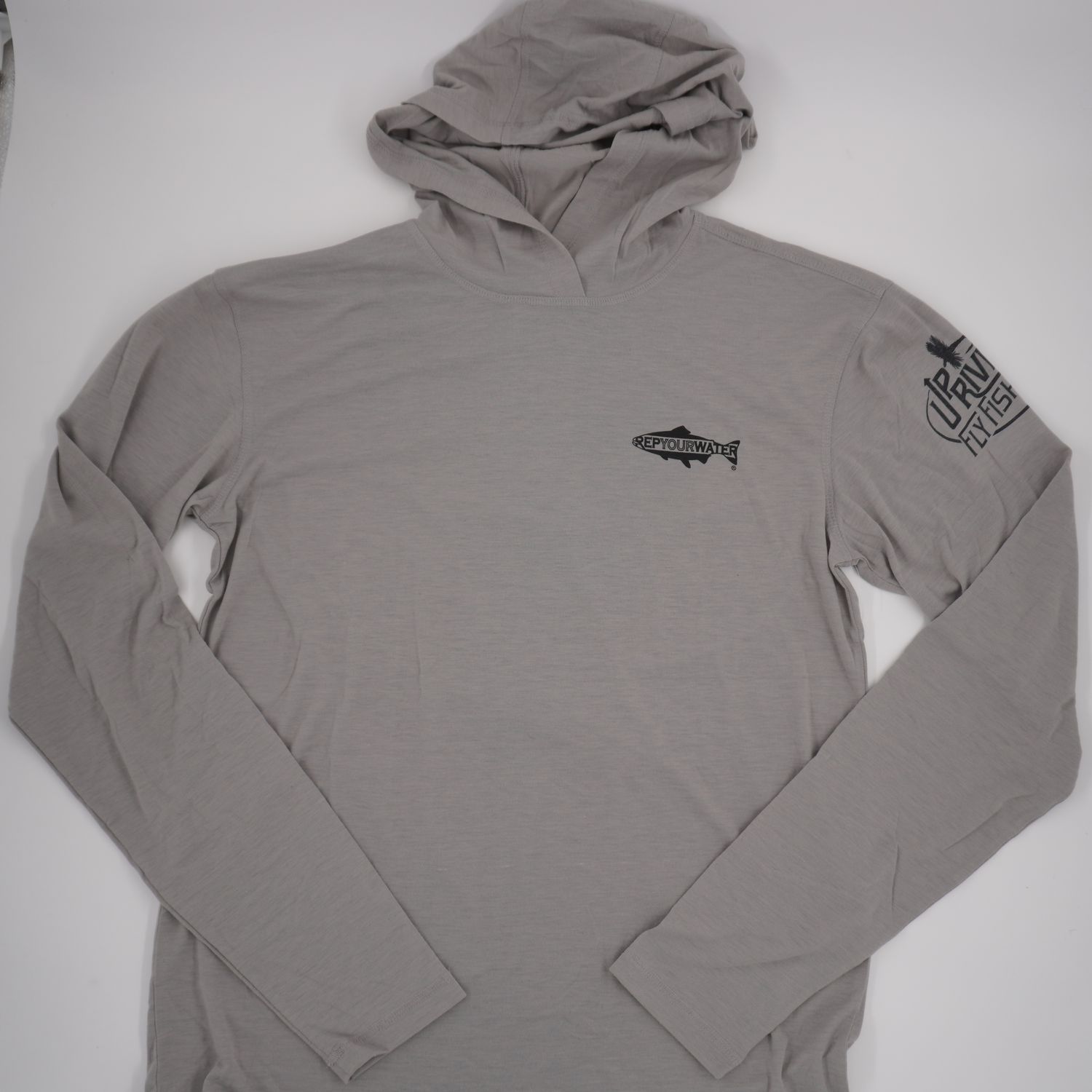 Upriver Logo Rep Your Water Hooded Merino Breeze Sun Shirt, Color: Granite, Size: S