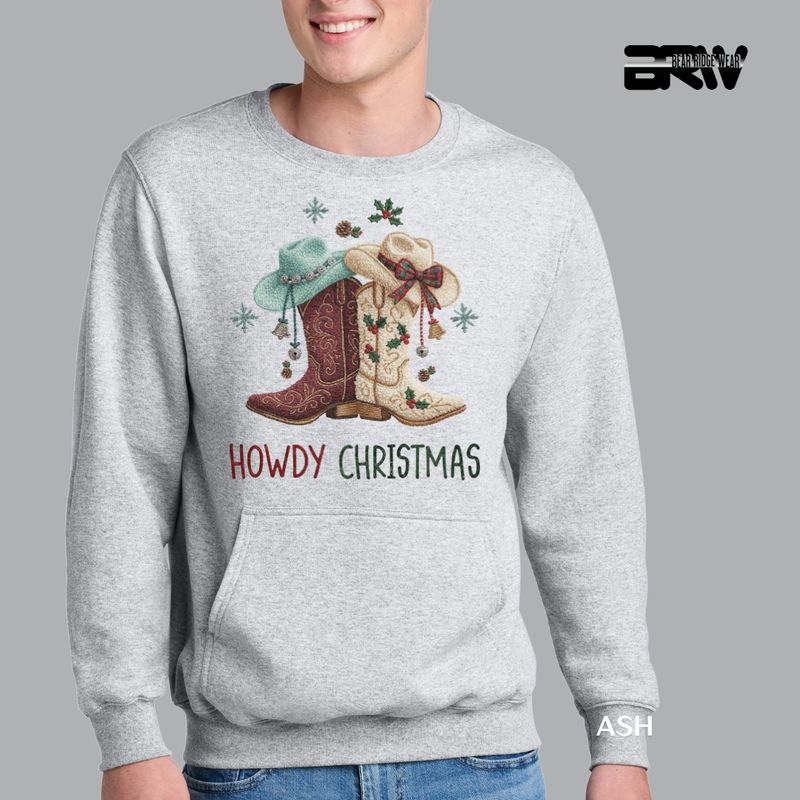 Howdy Christmas Boots Yarn&#39; Kangaroo Pocket Christmas Crewneck