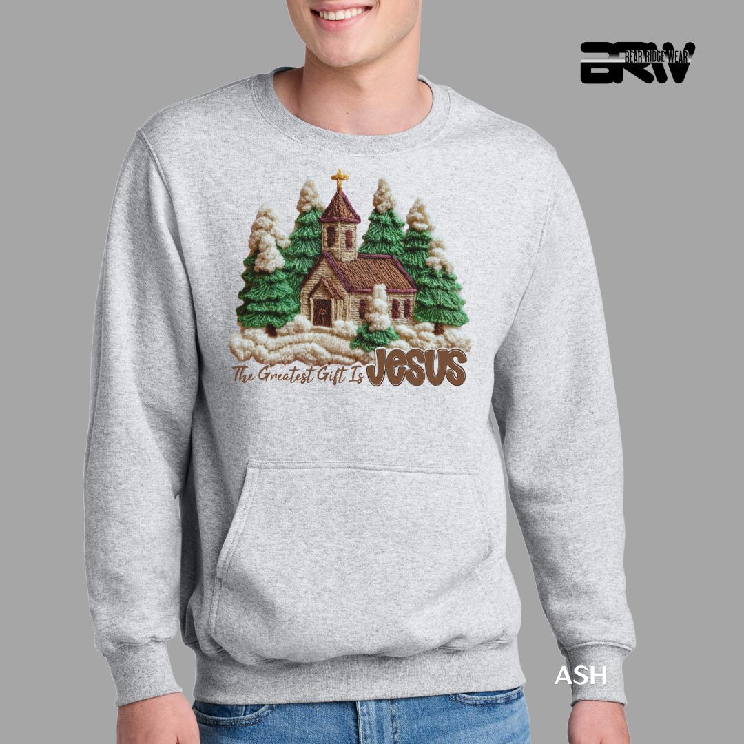 &#39;The Greatest Gift Jesus Yarn&#39; Kangaroo Pocket Christmas Crewneck, Color: Ash, Size: S