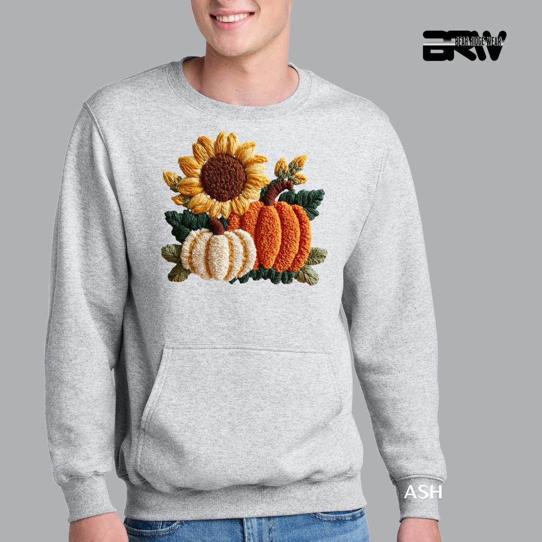 &#39;Sunflower Pumpkin yarn&#39; Kangaroo Pocket Christmas Crewneck, Color: Ash, Size: S
