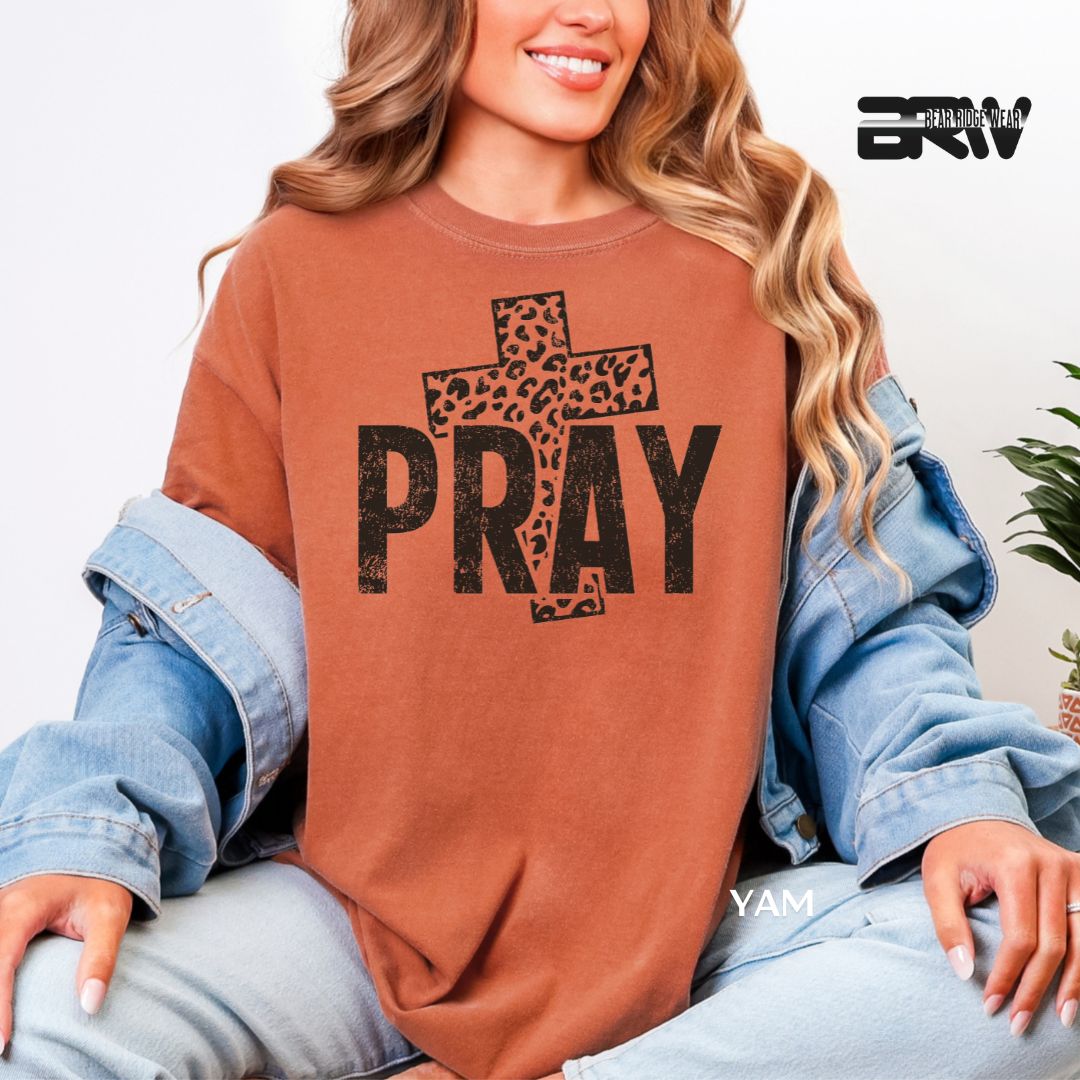 'Pray-Leopard Cross' Faith Tee, Color: Yam, Size: 2XL