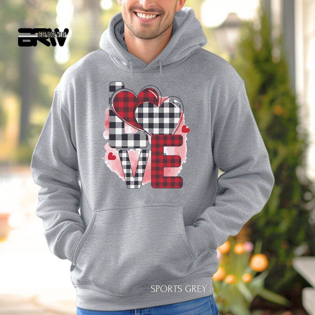 'Love-Plaid' Valentine's Day Hoodies, Color: Sport-Grey, Size: 2XL