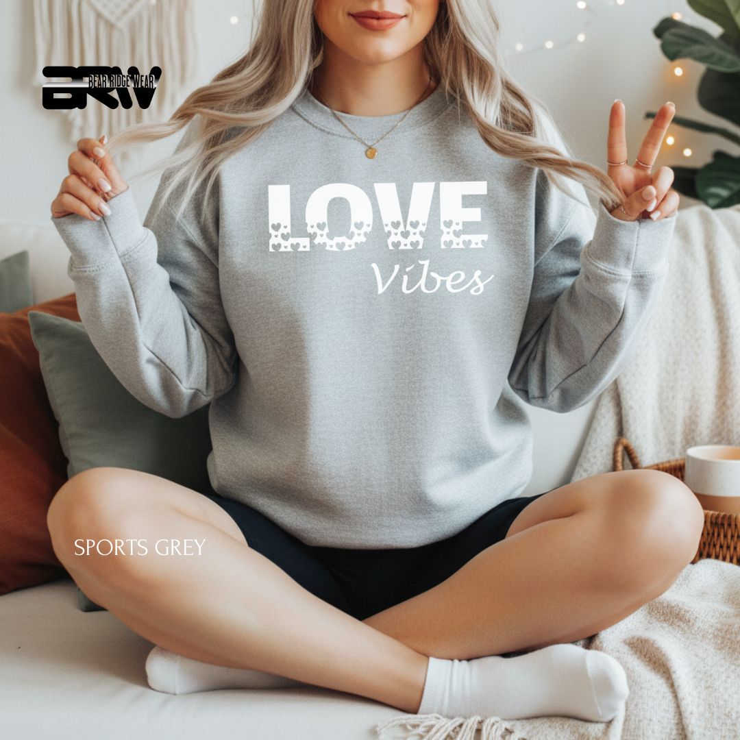 'Loves Vibes-White' Valentine's Crewneck Sweatshirt, Color: Sport-Grey, Size: 2XL