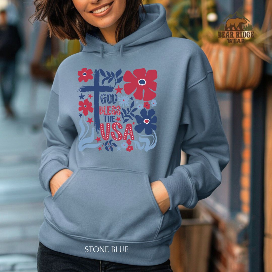 God Bless The USA-Cross Flowers' Patriotic Hoodie