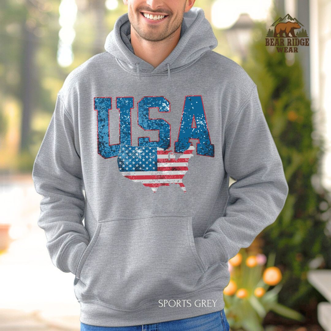 USA With Map' Patriotic Hoodie, Color: Sport-Grey, Size: 2XL