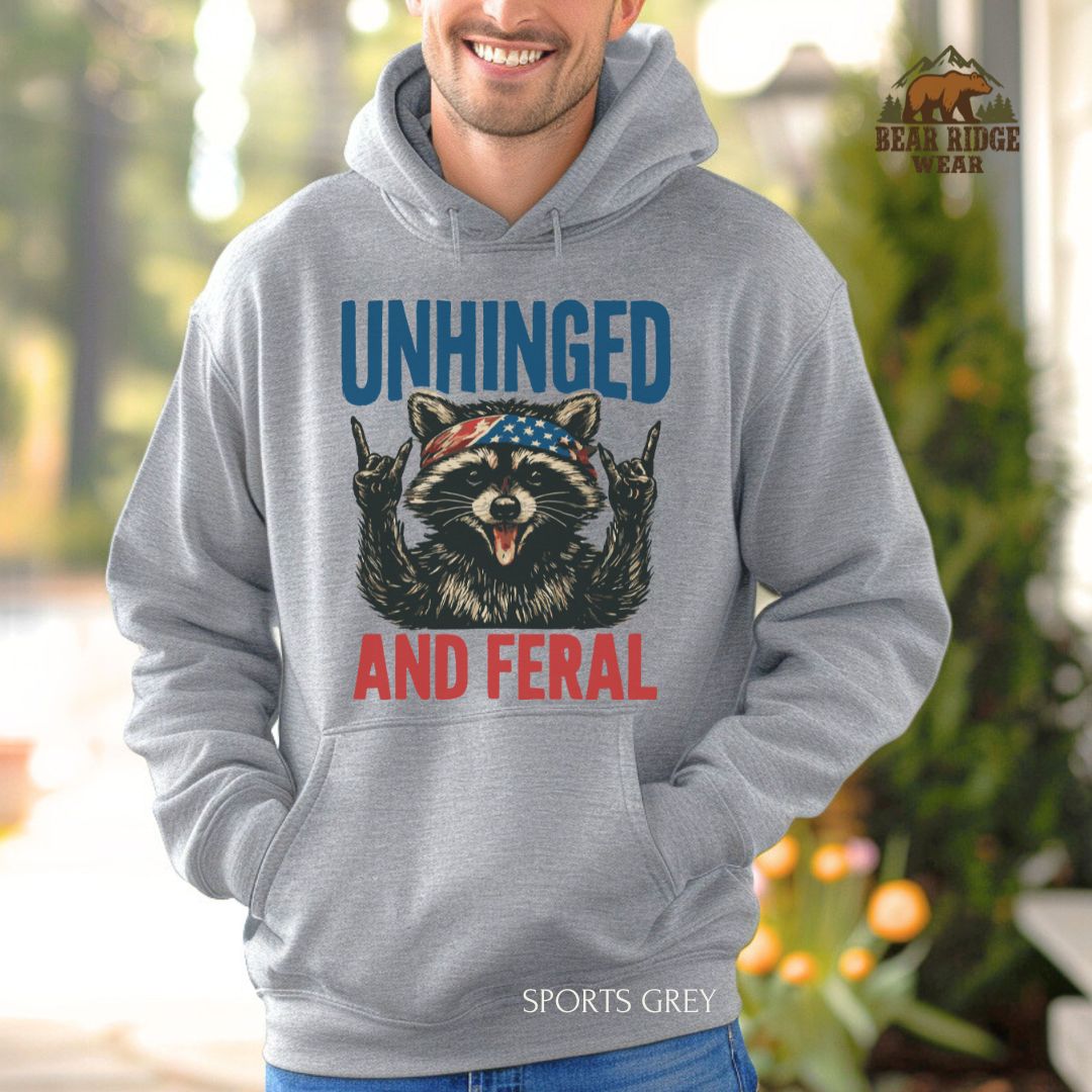 Unhinged and Feral-Raccoon' Patriotic Hoodie, Color: Sport-Grey, Size: 2XL