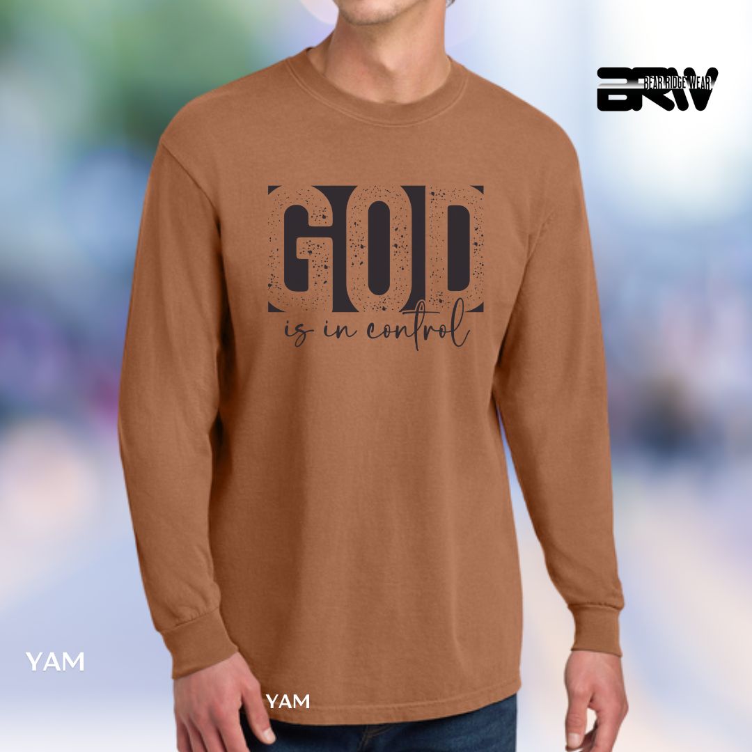 God Is In Control' Black Faith Long-Sleeve Tee, Color: Yam, Size: 2XL