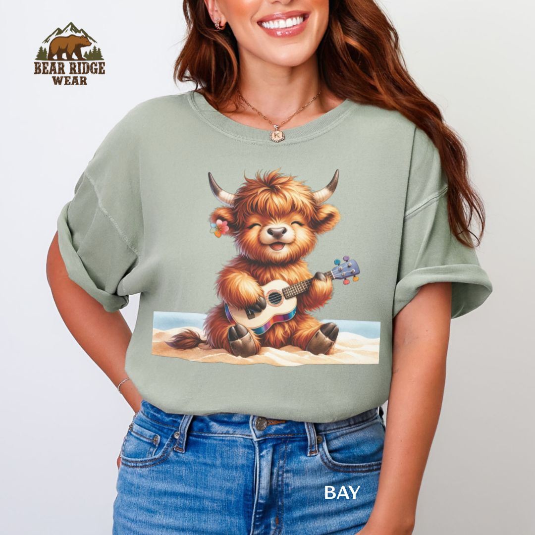 Highland Cow-Beach-Guitar' Summer T-shirt