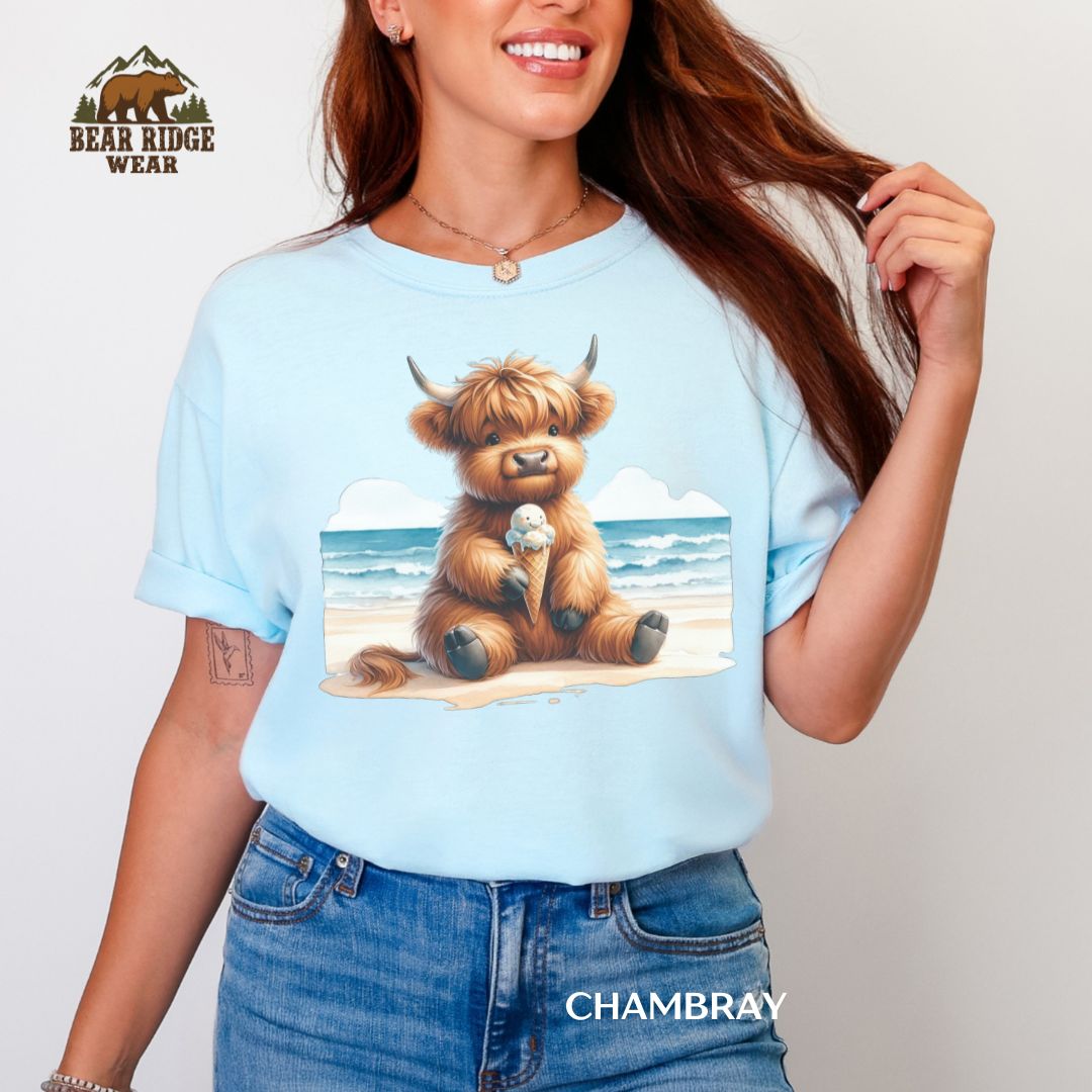 Highland Cow-Beach-Ice Cream' Summer T-shirt