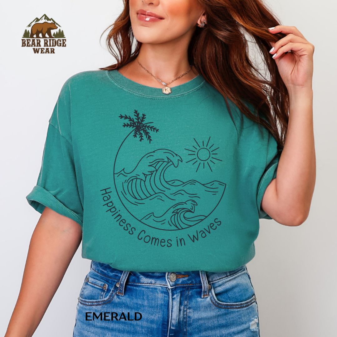 Happiness comes in Waves-Black' Summer T-shirt