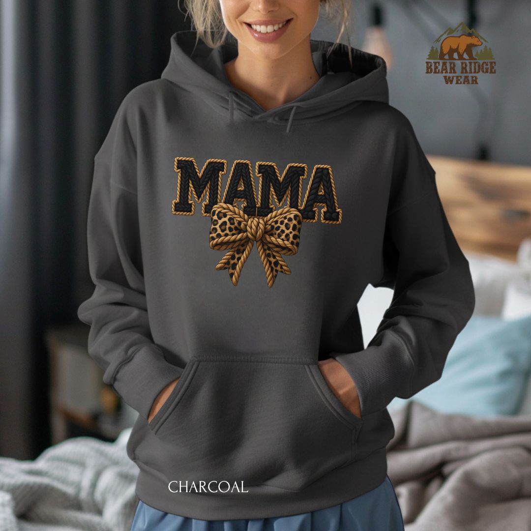 Mama-Leopard Bow-Yarn' Mother's Day Hoodie, Color: Charcoal, Size: 2XL