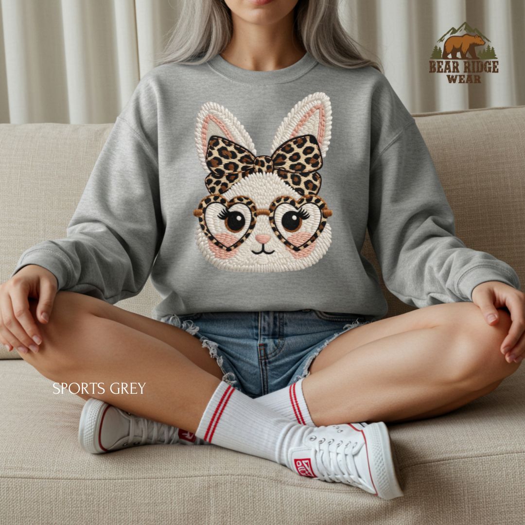 'Leopard Bunny' Spring Crewneck Sweatshirt, Color: Sport-Grey, Size: 2XL