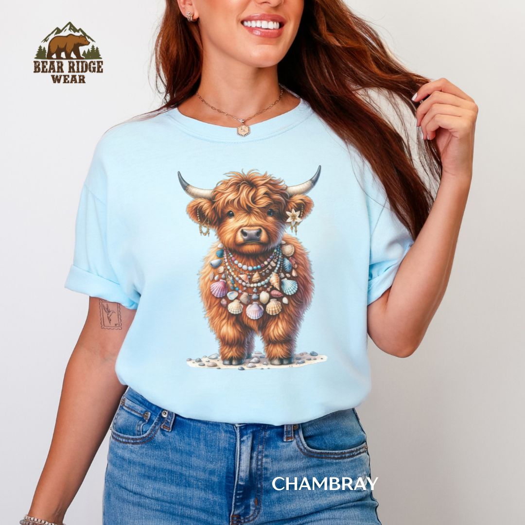 Highland Cow-Lei-Sea Shells' Summer T-shirt