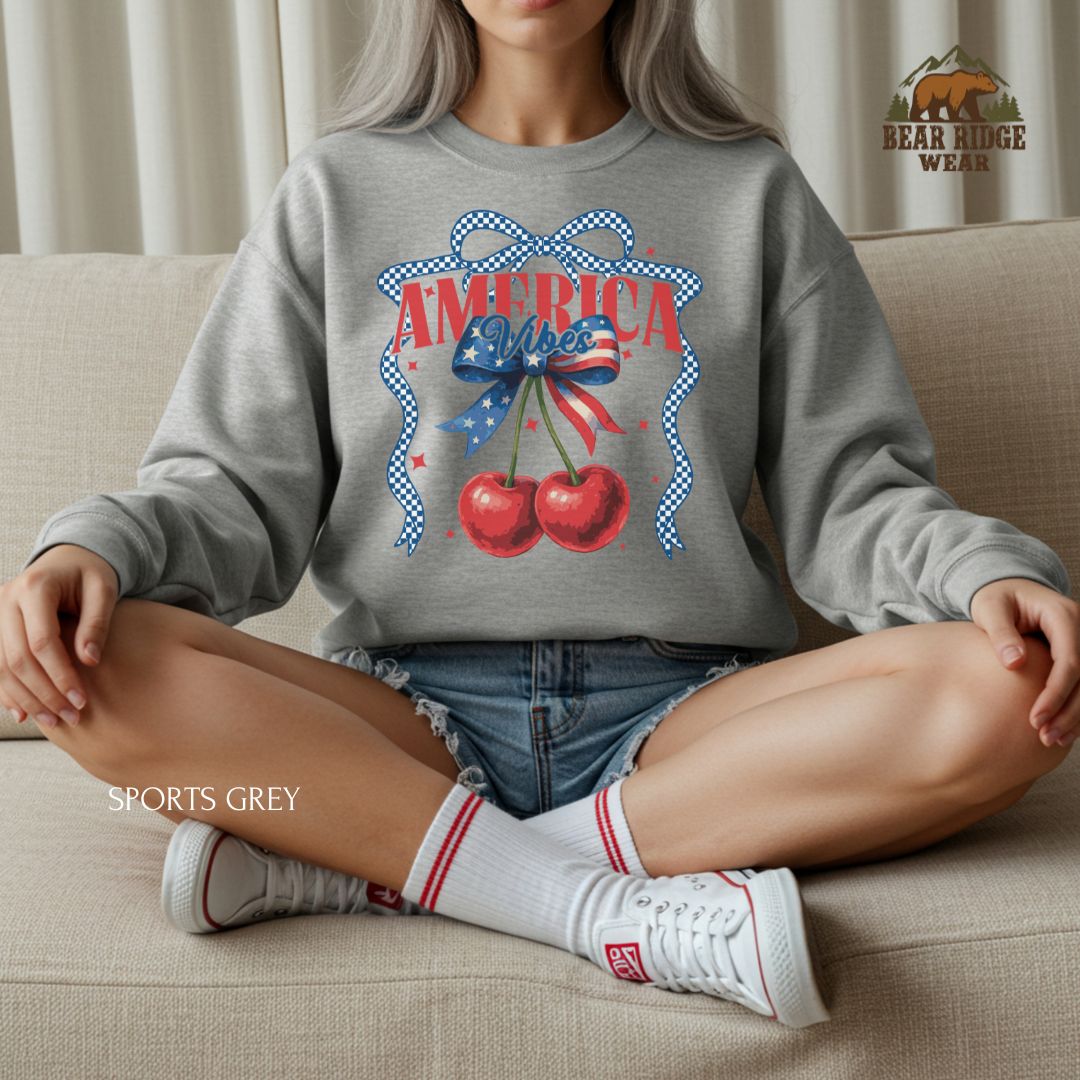 America Vibes-Cherries' Patriotic Crewneck Sweatshirt, Color: Sport-Grey, Size: 2XL