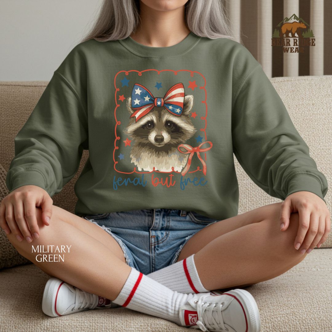 Feral But Free-Raccoon -Bow' Patriotic Crewneck Sweatshirt
