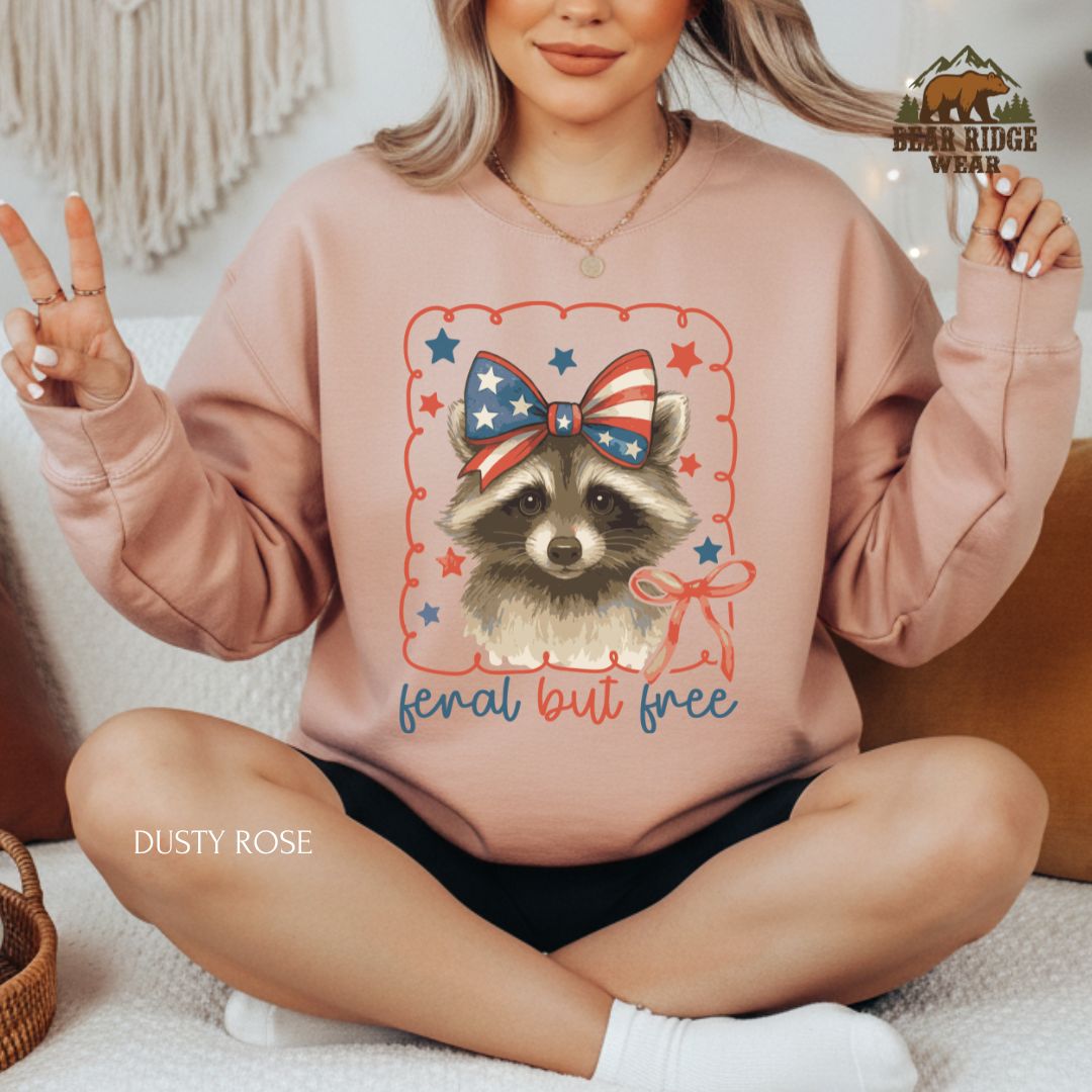 Feral But Free-Raccoon -Bow' Patriotic Crewneck Sweatshirt