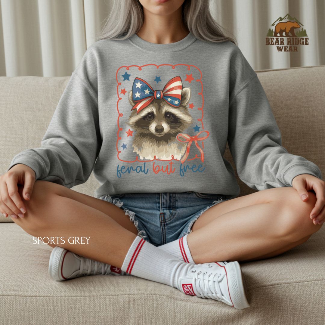 Feral But Free-Raccoon -Bow' Patriotic Crewneck Sweatshirt, Color: Sport-Grey, Size: 2XL