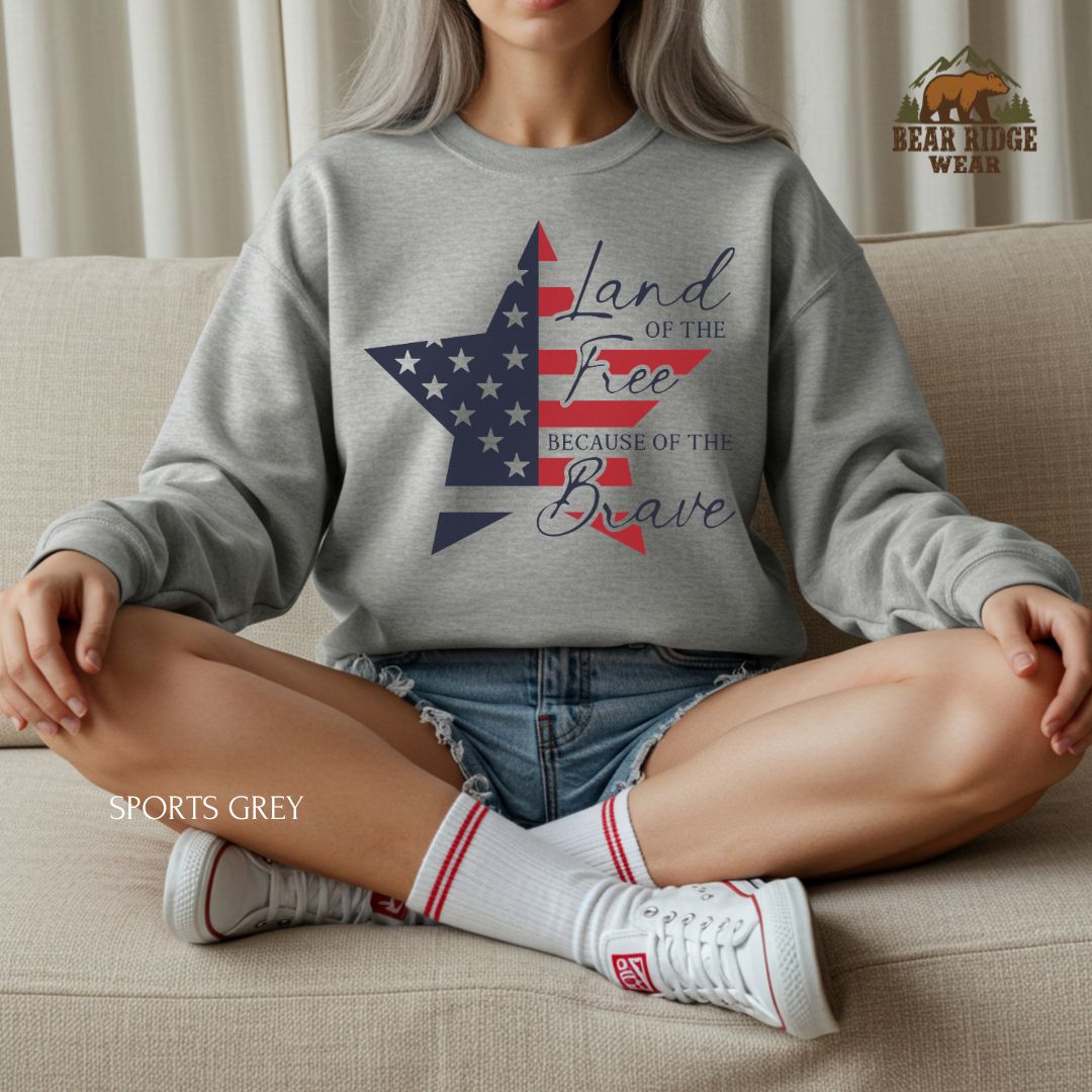 Land Of The Free-Star' Patriotic Crewneck Sweatshirt, Color: Sport-Grey, Size: 2XL