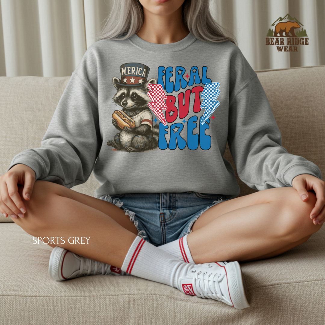 Feral But Free-Hot Dog Raccoon' Patriotic Crewneck Sweatshirt, Color: Sport-Grey, Size: 2XL
