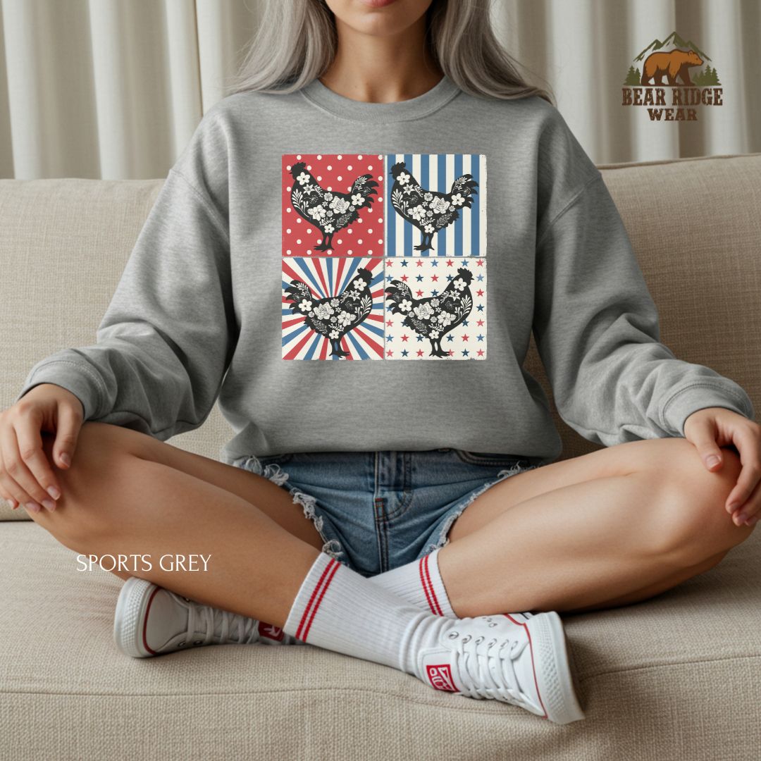 4th Of July Chickens.' Patriotic Crewneck Sweatshirt, Color: Sport-Grey, Size: 2XL