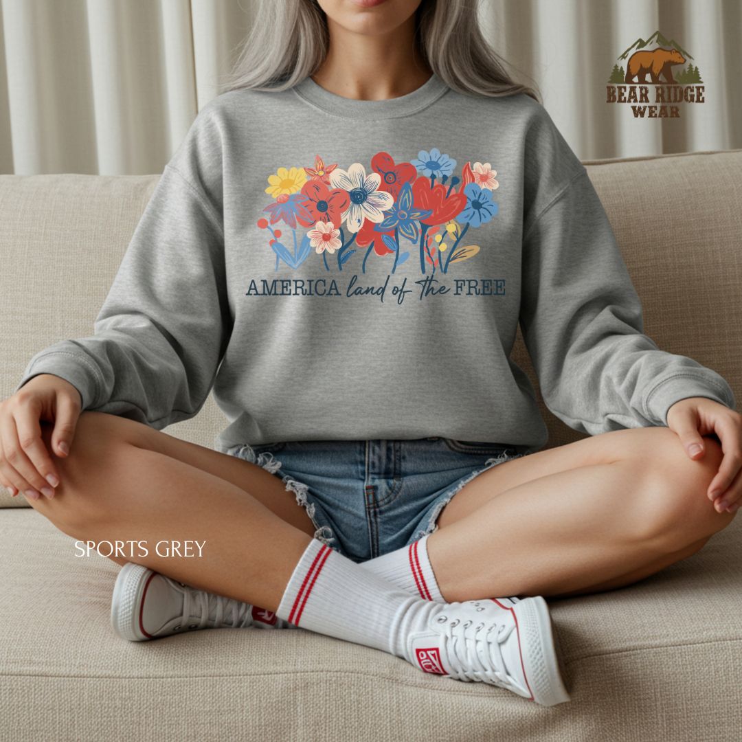 America Flowers' Patriotic Crewneck Sweatshirt, Color: Sport-Grey, Size: 2XL