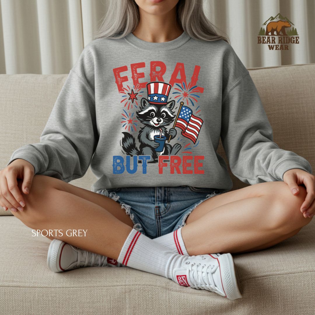 Feral Raccoon' Patriotic Crewneck Sweatshirt, Color: Sport-Grey, Size: 2XL