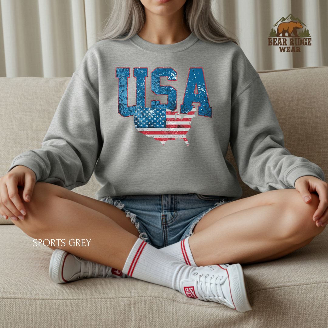 USA With Map' Patriotic Crewneck Sweatshirt, Color: Sport-Grey, Size: 2XL