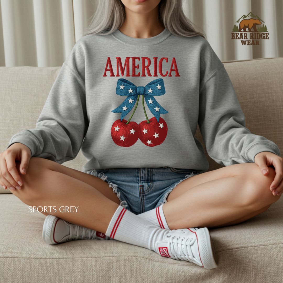 America - Cherries' Patriotic Crewneck Sweatshirt, Color: Sport-Grey, Size: 2XL