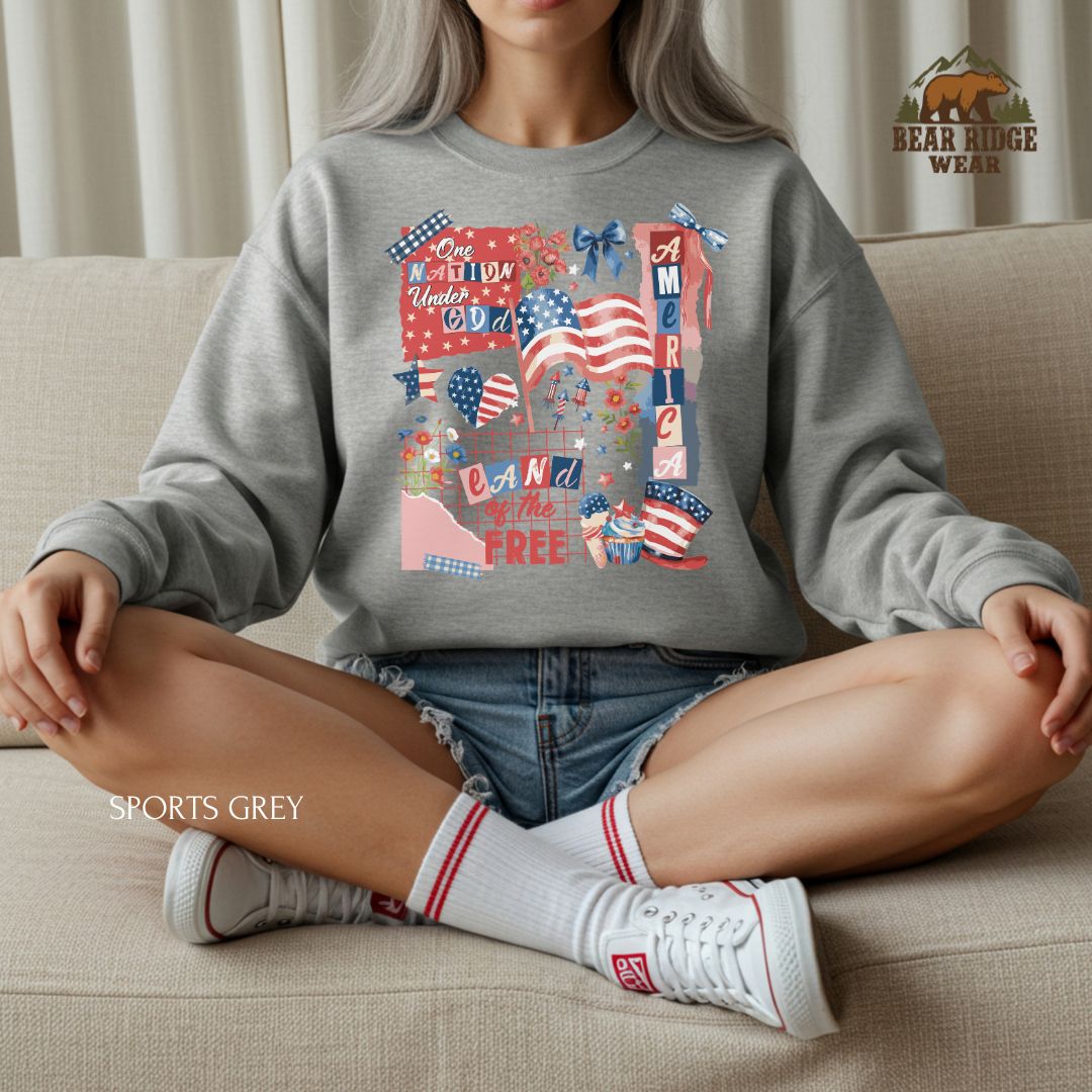 America-One Nation' Patriotic Crewneck Sweatshirt, Color: Sport-Grey, Size: 2XL
