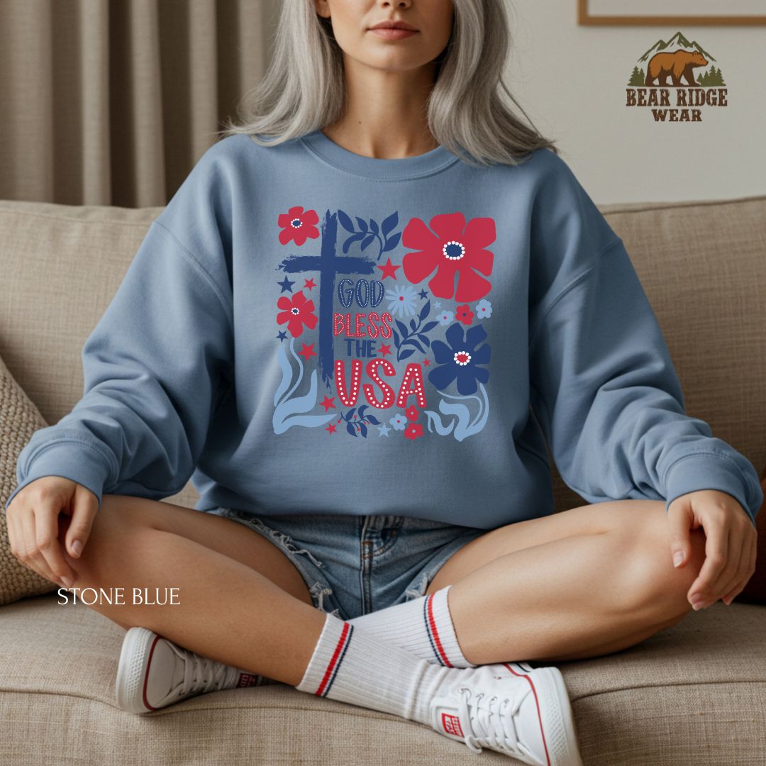 God Bless The USA-Cross Flowers' Patriotic Crewneck Sweatshirt
