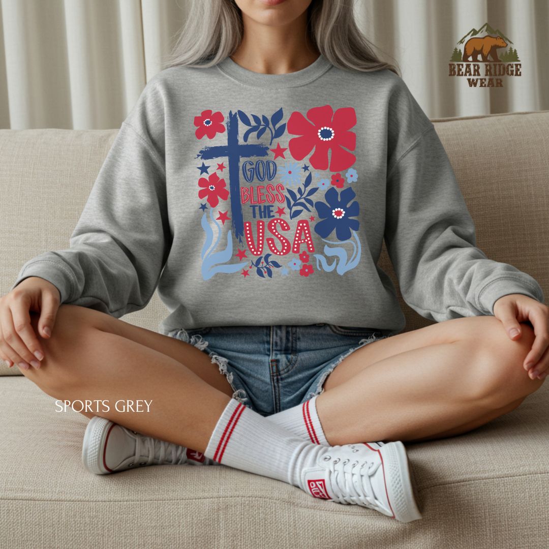 God Bless The USA-Cross Flowers' Patriotic Crewneck Sweatshirt, Color: Sport-Grey, Size: 2XL