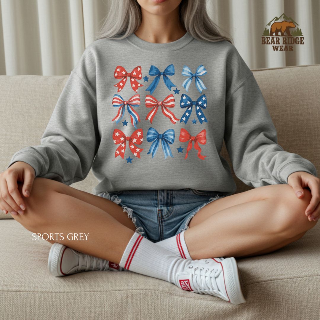 Red White Blue Bows' Patriotic Crewneck Sweatshirt, Color: Sport-Grey, Size: 2XL