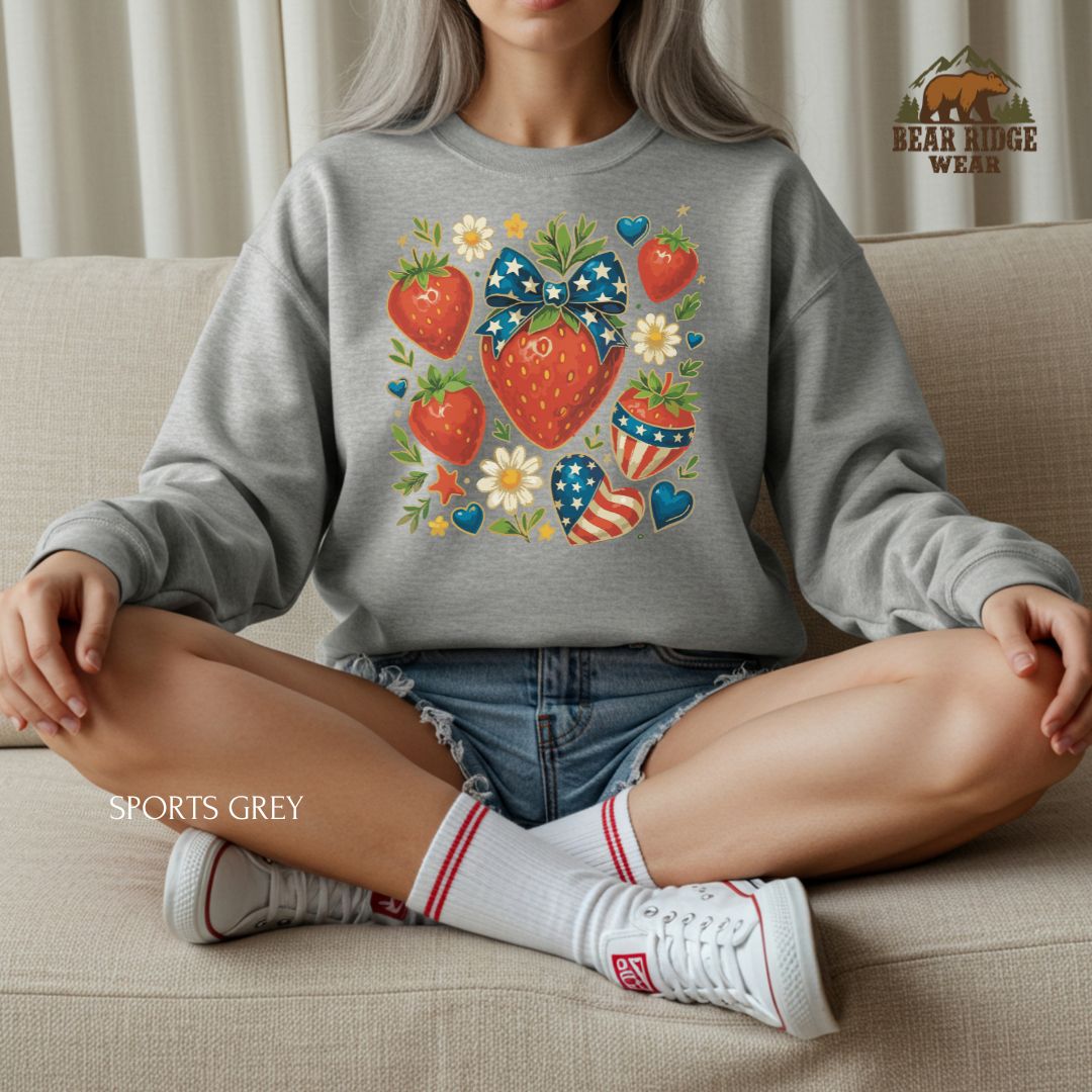 Strawberries' Patriotic Crewneck Sweatshirt, Color: Sport-Grey, Size: 2XL