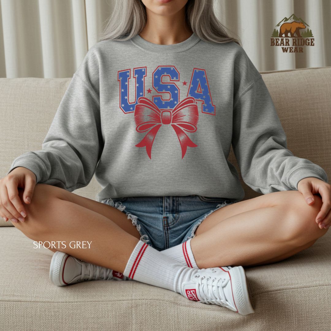 USA-Bow' Patriotic Crewneck Sweatshirt, Color: Sport-Grey, Size: 2XL