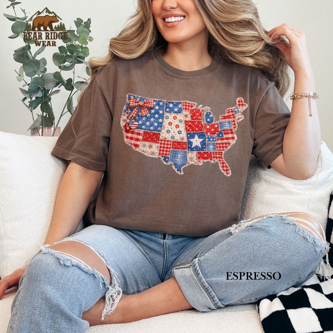 US Map-Patchwork' Patriotic T-Shirts, Color: Expresso, Size: 2XL