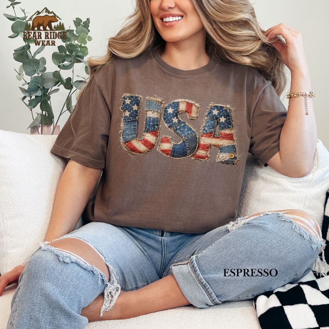 Patchwork-USA' Patriotic T-Shirts, Color: Expresso, Size: 2XL