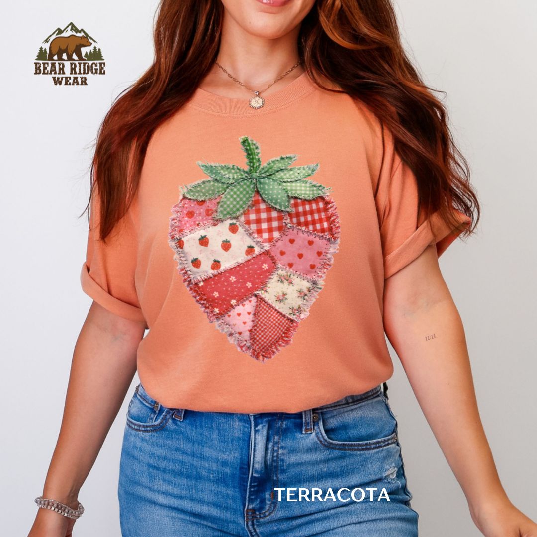 Strawberry Patchwork' Summer T-shirt, Color: Terracotta, Size: M