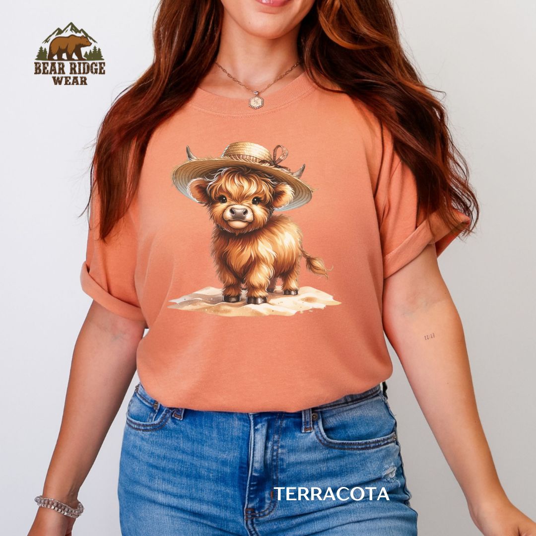 Highland Cow-Sun Hat' Summer T-shirt, Color: Terracotta, Size: M