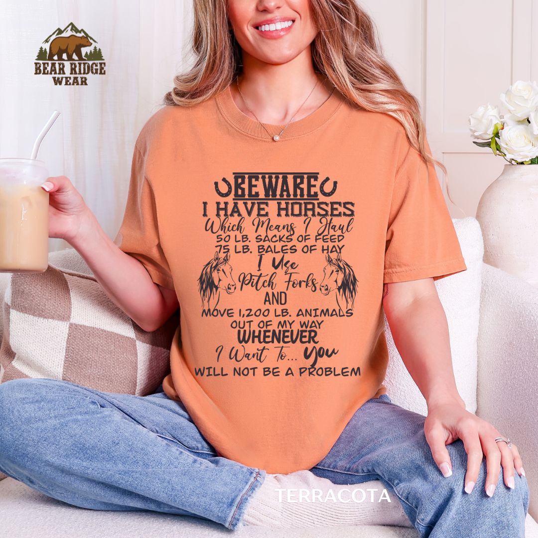 Beware I Have Horses' Western T-shirt, Color: Terracotta, Size: M