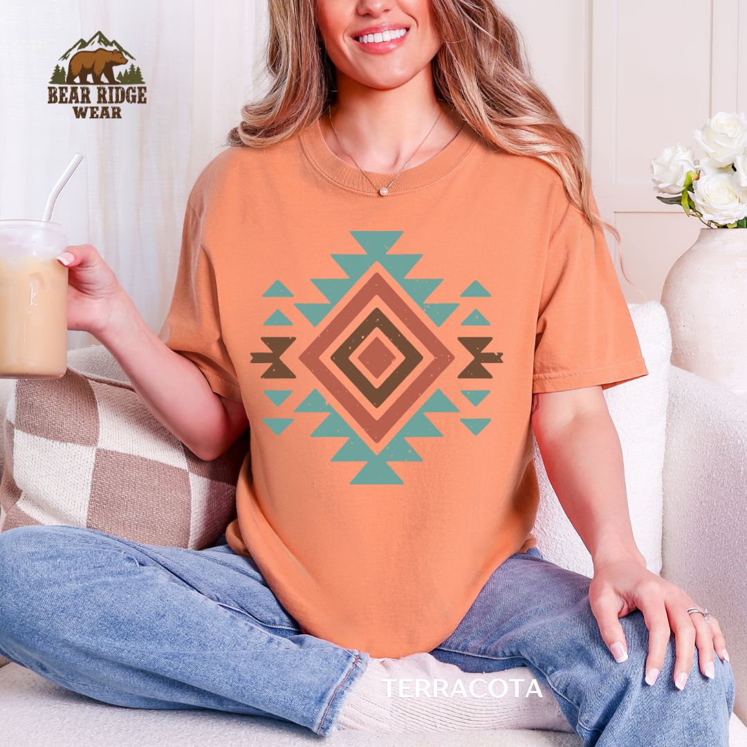 Boho Aztec' Western T-shirt, Color: Terracotta, Size: M