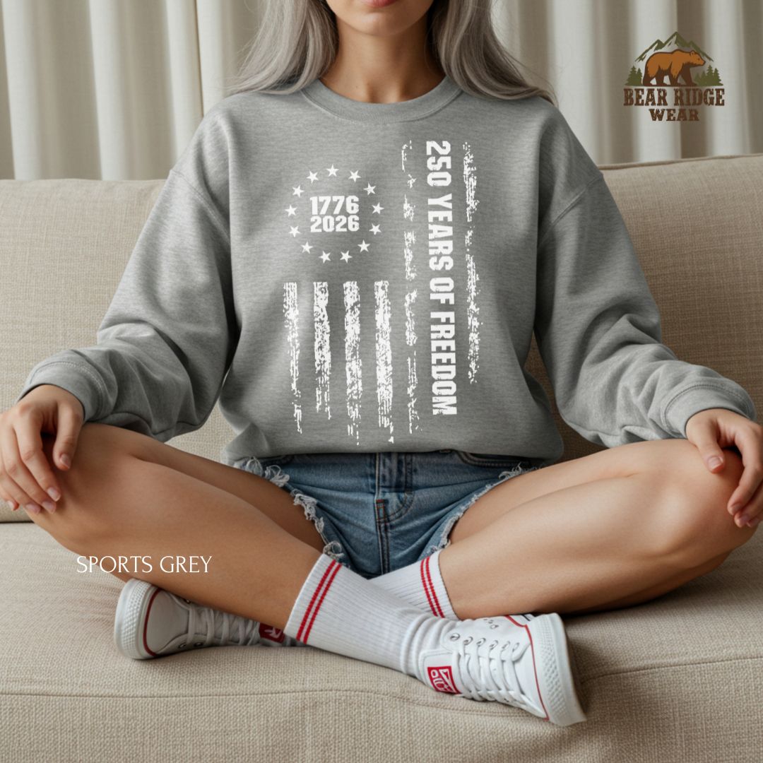 250 Years of Freedom-Grunge' Patriotic Crewneck Sweatshirt, Color: Sport-Grey, Size: 2XL