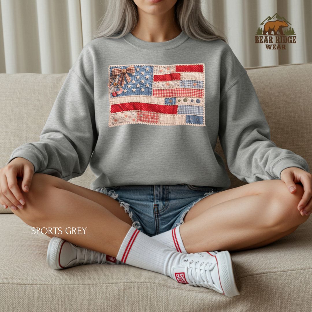 Patchwork flag' Patriotic Crewneck Sweatshirt, Color: Sport-Grey, Size: 2XL