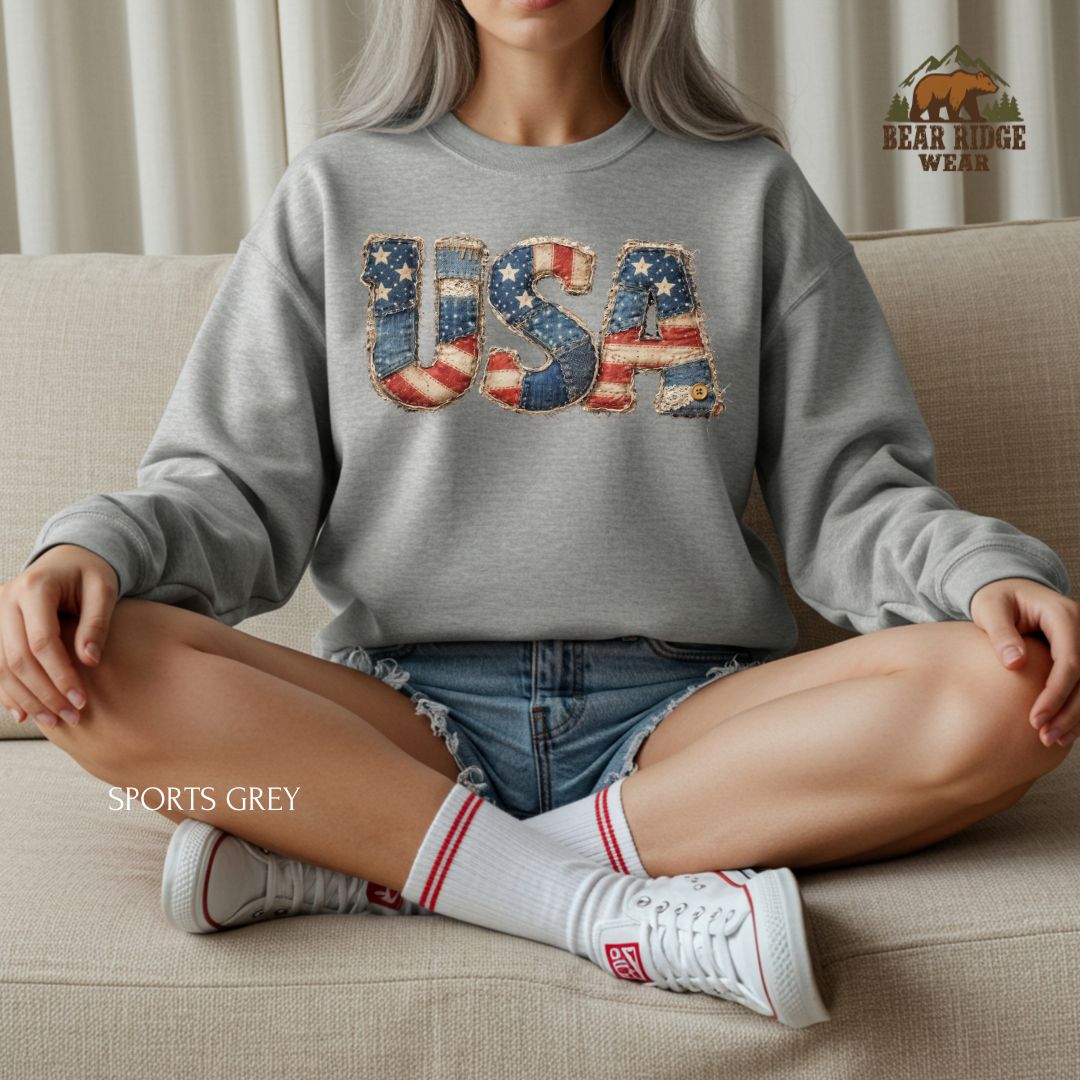 Patchwork-USA' Patriotic Crewneck Sweatshirt, Color: Sport-Grey, Size: 2XL
