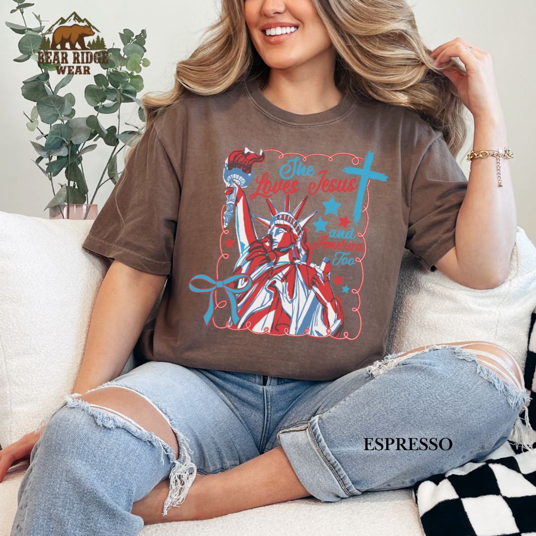 She Loves Jesus-America- S.O.L.' Patriotic T-Shirts, Color: Expresso, Size: 2XL