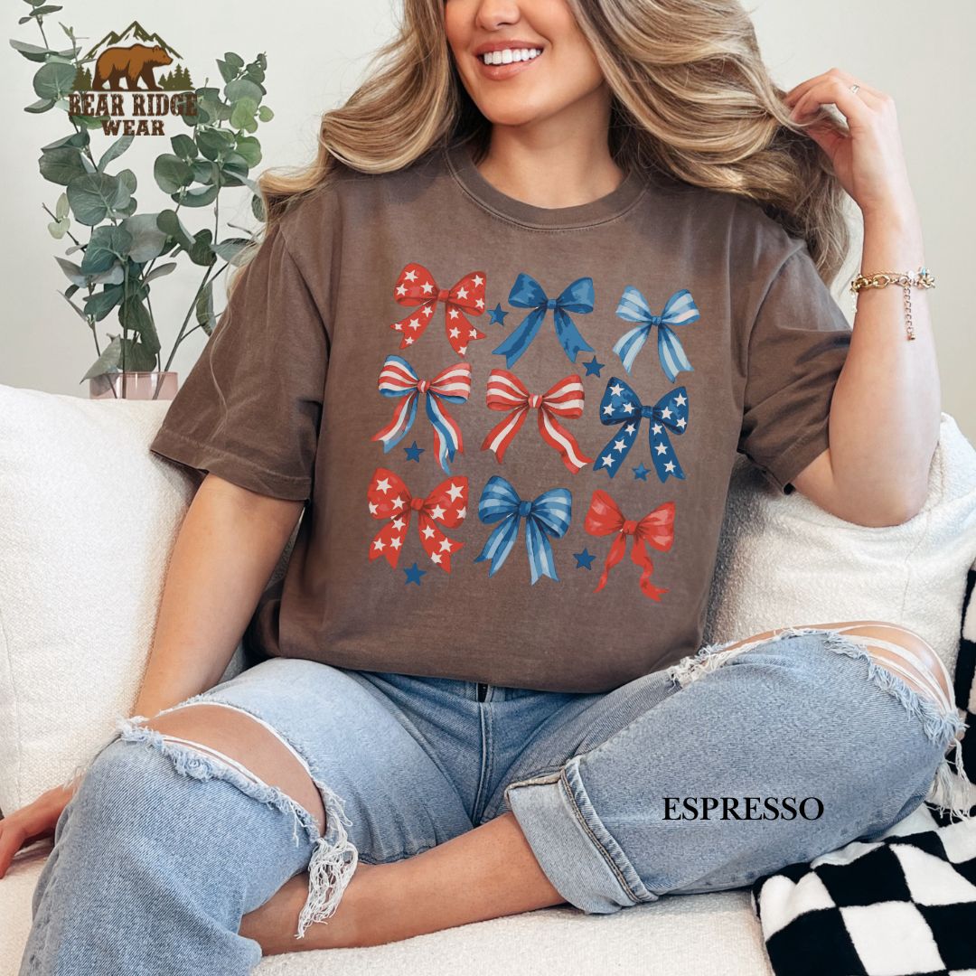 Red White Blue Bows' Patriotic T-Shirts, Color: Expresso, Size: 2XL